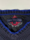 Tommy Hilfiger Crest Label Striped V-Neck Sweater – Navy/Royal Blue (L)