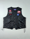 Vintage Patched Black Leather Biker Vest with Braided Trim & Side Lacing  (3XL)