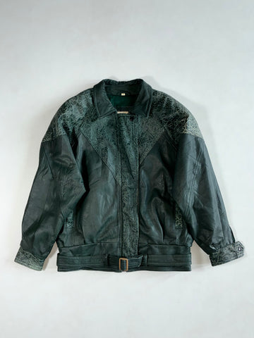 Sequence 80s Dark Green Leather Bomber with Crackle Panels and Belt (L)