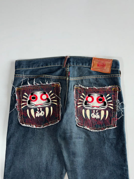 RMC Red Monkey Daruma Embroidered Jeans (W:38 |L:45)