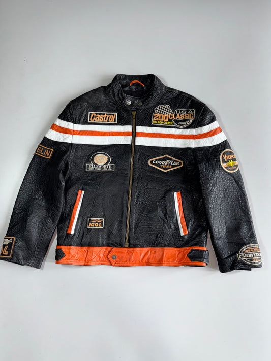 Vintage USA Classic Racing Leather Jacket Castrol, Goodyear, Michelin, Veedol Patches (L/XL)