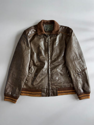 Vintage Leather Bomber Jacket with Victory House Polo Game (L)