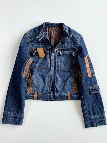 Y2K Dark Wash Denim Moto Jacket with Leather Patch Women’s (Xs)