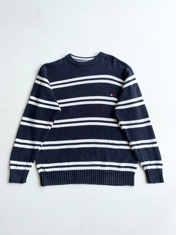 Vintage 90s Tommy Hilfiger Navy & White Striped Knit Sweater – Made in Hong Kong (M)