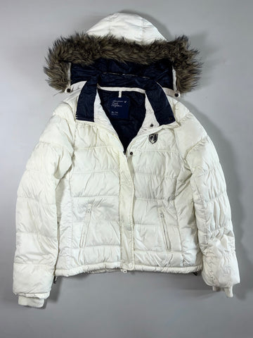American Eagle Cream Puffer Jacket – Faux Fur Hood, Women's Detachable Caps (XL)