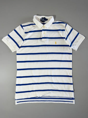 Polo Ralph Lauren Custom Fit Striped Polo – White & Royal Blue (M)