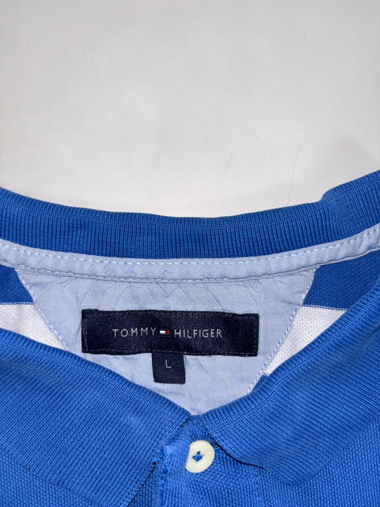 Tommy Hilfiger Blue & White Striped Polo T-Shirt (L)