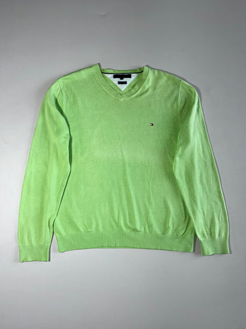 Tommy Hilfiger | Lime Green Premium Cotton V-Neck Sweater | (L)