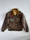 Vintage 90s Cotton Field Pure Leather A-2 Flight Bomber Jacket Military Patch Sherpa Collar, Distressed (XL)