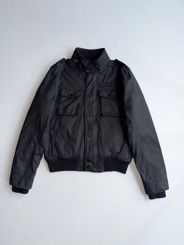 Schott NYC Black Military Flight Bomber Jacket with Tartan Lining & Hood (M/L)