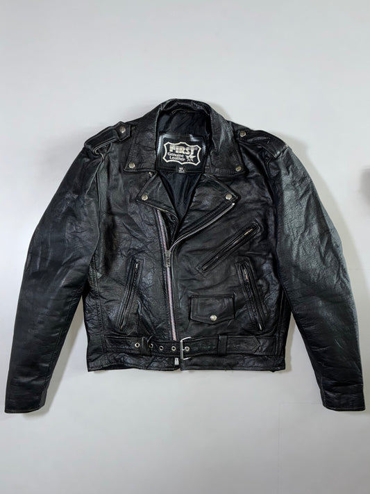 First Genuine Leather Classic Black Motorcycle Jacket (M)