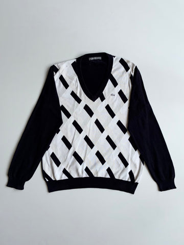Lacoste Black & White Geometric Argyle V-Neck Sweater – Size (S)