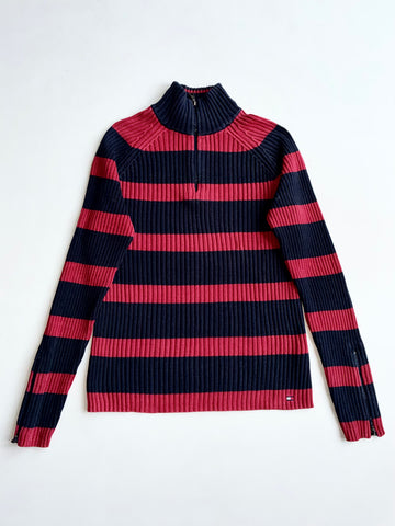 Vintage Tommy Hilfiger Jeans Navy & Red Striped Ribbed Quarter-Zip Sweater – (S)
