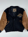 Vintage New Boys Castle Wool Varsity Jacket – Black/Tan Suede Sleeves (XL)