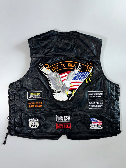 Vintage Genuine Leather Biker Vest with “Live To Ride” Eagle Patch & USA Moto Badges (XL)