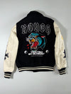 FSBN “Rough” Graphic Varsity Jacket with Tiger & Flaming 8-Ball Design – Black & Cream (S)