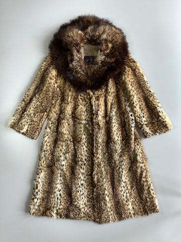 A&M Hurtig Furriers | Vintage Lynx-Print Real Fur Long Coat | Dark Fox Collar |{Rare} (M)