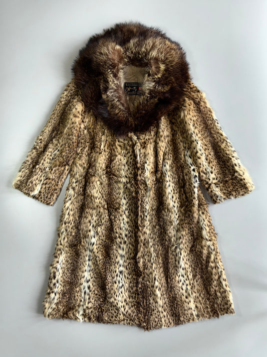 A&M Hurtig Furriers | Vintage Lynx-Print Real Fur Long Coat | Dark Fox Collar |{Rare} (M)