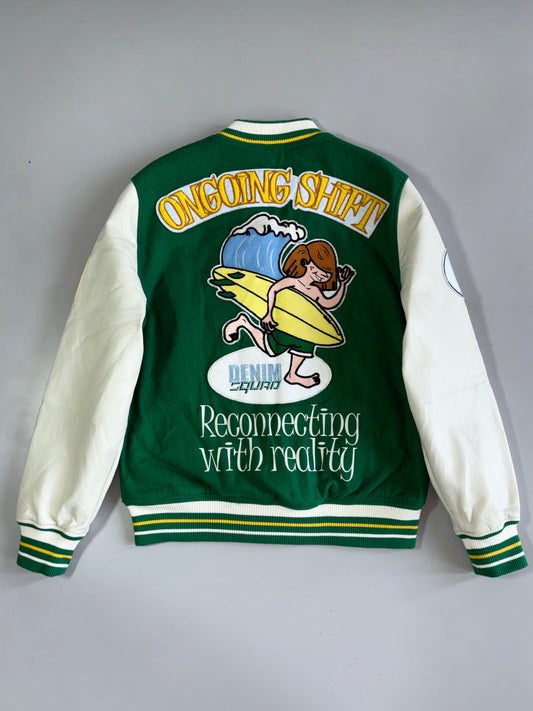 Zara “Ongoing Shift / Reconnecting With Reality” Varsity Bomber Jacket — Denim Squad Surfer Graphic / Leather Sleeves (M/L)