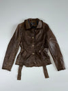 Vintage Brown Leather Ruffle Trim Belted Utility Jacket Women’s (S)