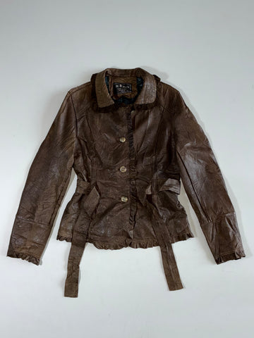 Vintage Brown Leather Ruffle Trim Belted Utility Jacket Women’s (S)
