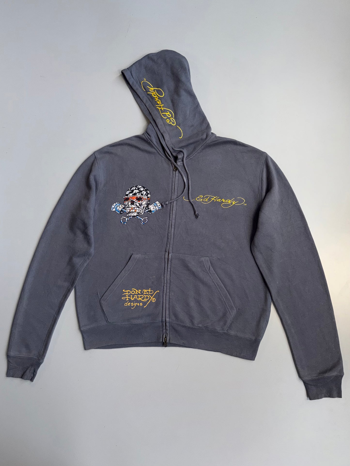 !      Ed Hardy 'Skull & Pistons' Rhinestone Zip-Up Jacket - Slate Grey (U.RARE) (M/L)