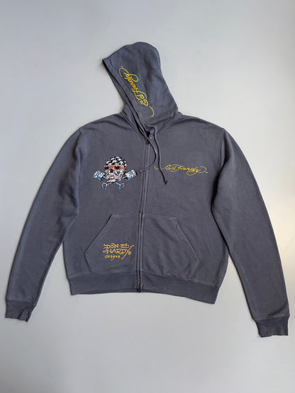 !      Ed Hardy 'Skull & Pistons' Rhinestone Zip-Up Jacket - Slate Grey (U.RARE) (M/L)