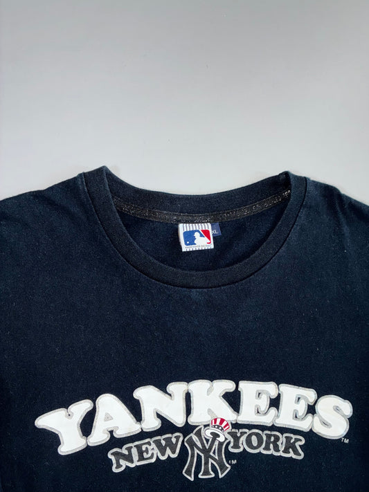 Vintage MLB Official New York Yankees Arch Logo Navy Blue Long Sleeve Cotton T-Shirt (XL)