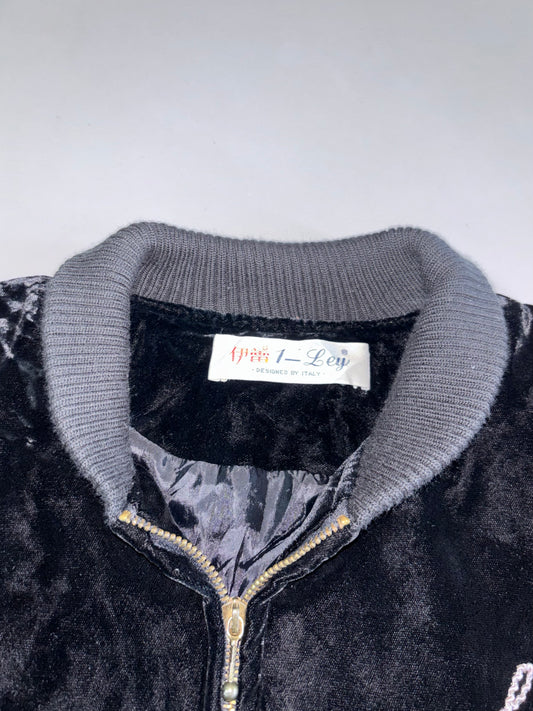 I-Ley Made Designs Black Velvet Floral Fully Embroidered Bomber Jacket (M)