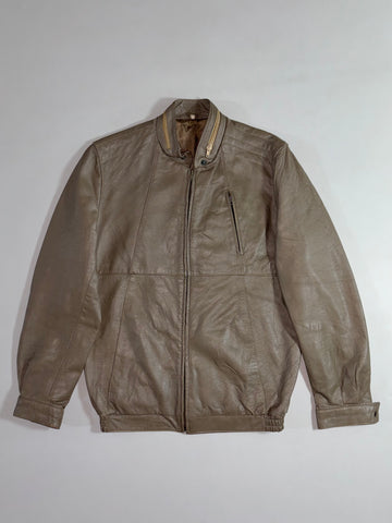 Vintage Leather Bomber Jacket  Taupe Grey, Zip-Up Classic (S)
