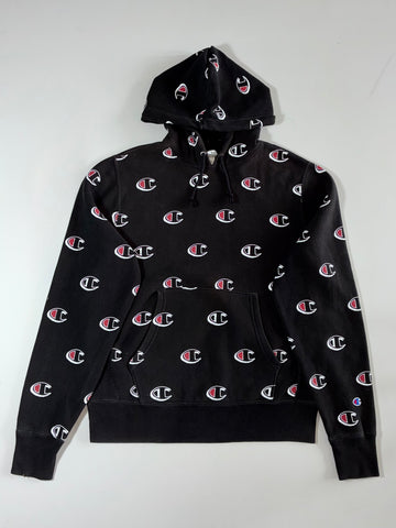 Champion | Black All-Over Logo Hoodie (L)