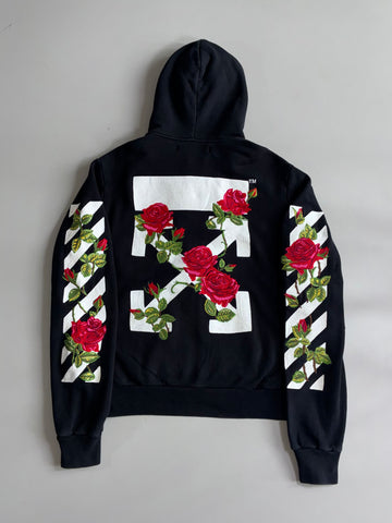 Off-White Black Zip Hoodie Diagonal Rose fully Embroidered Sleeves (M/L)