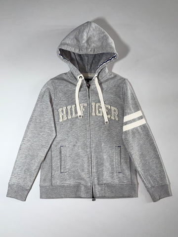Tommy Hilfiger Port Full-Zip Hoodie – Grey Melange with Striped Sleeve (M)