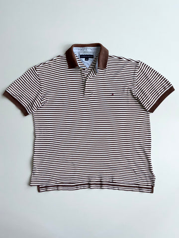 Tommy Hilfiger Brown & White Striped Polo Shirt (2XL)