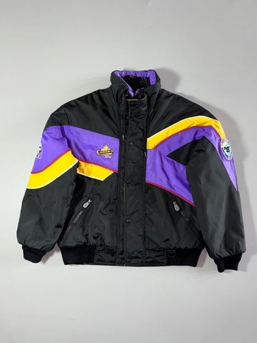 Vintage Y2K Choko Bear Puffer Jacket – Black/Purple/Yellow, Sherpa Collar (XL/2XL)