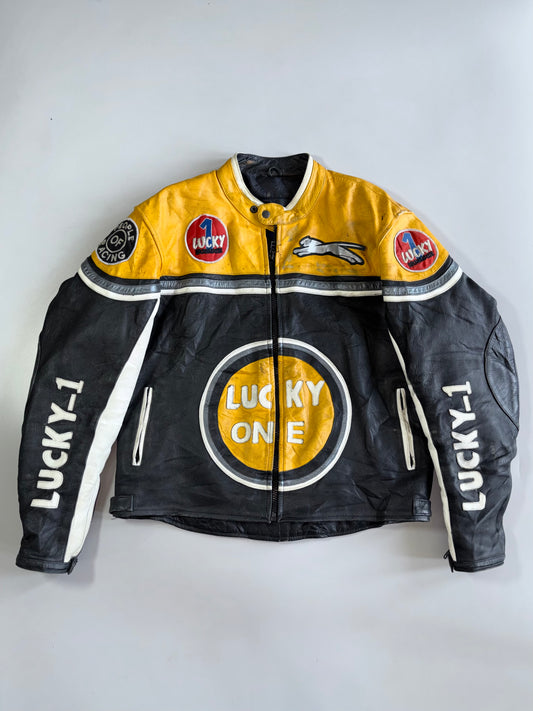 Lucky One by Makson | Patch Graphics Racing | Leather Moto Jacket (Paded)(XL)