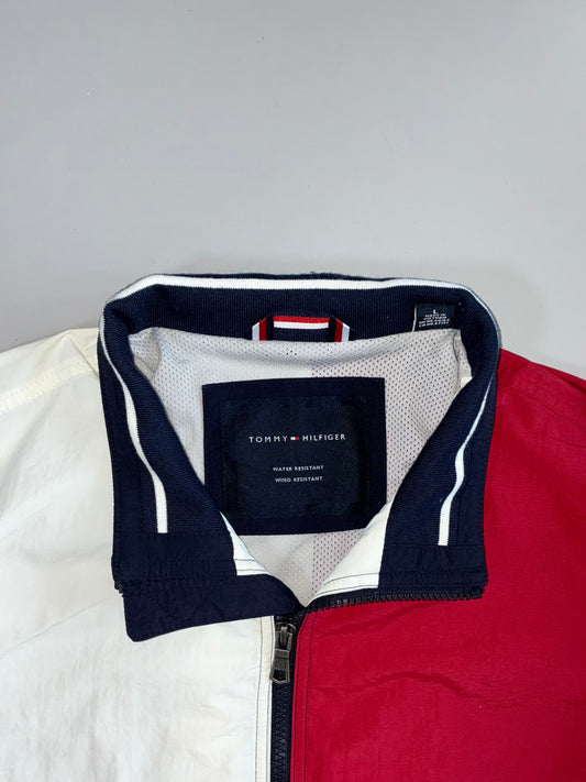 Tommy Hilfiger Water Wind Resistant Flag Patch Navy Red White Colorblock Mesh-Lined Full-Zip Windbreaker Jacket (L/Xl)