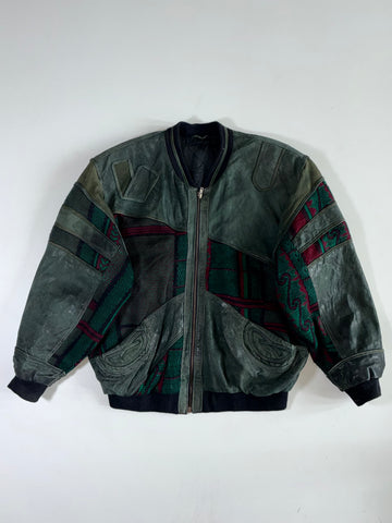 Vintage Green Suede Leather & Knit Panel Bomber Jacket (2XL)