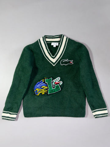 Lacoste Green Cricket V-Neck Sweater – Varsity Croc Patch Edition (XS)