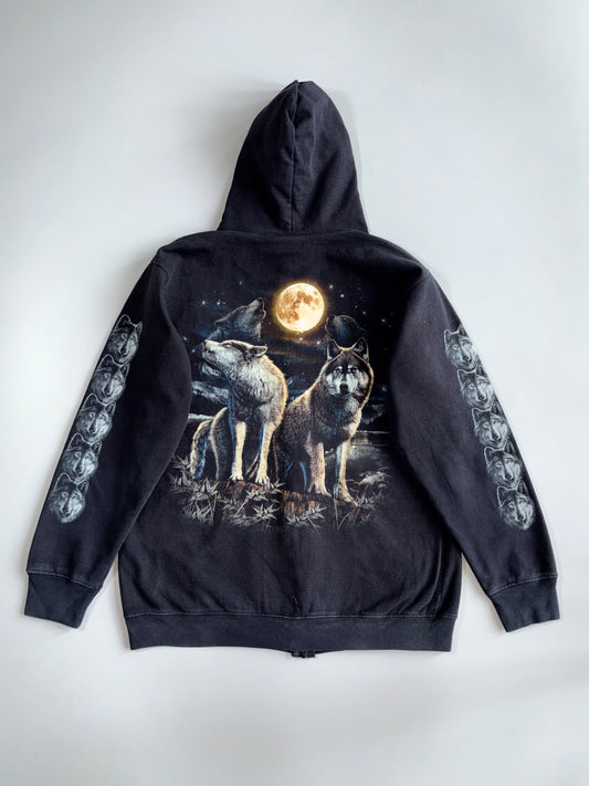 Vintage Rock Eagle Wolves Howling Moon All-Over Print Washed Black Zip-Up Hoodie (M)