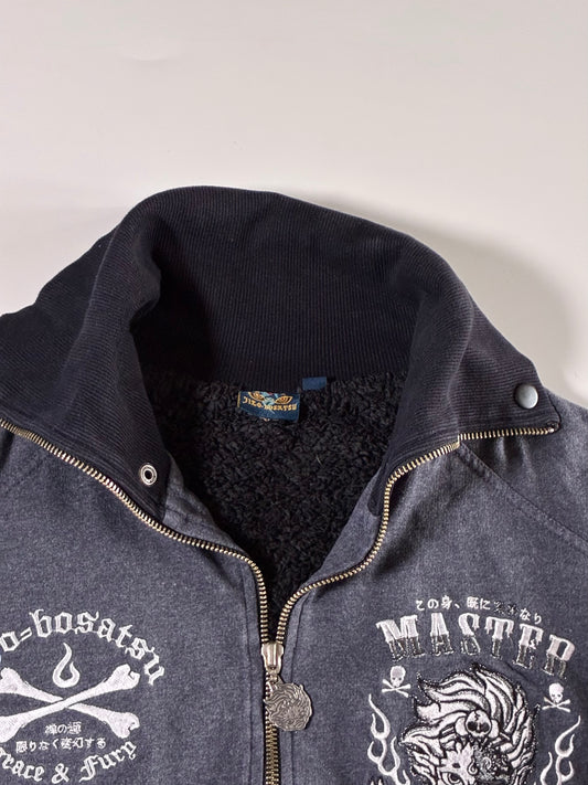 Jizo-Bosatsu Japanese Embroidered Sherpa-Lined Zip Jacket "Grace & Fury" – Charcoal/Black (M)
