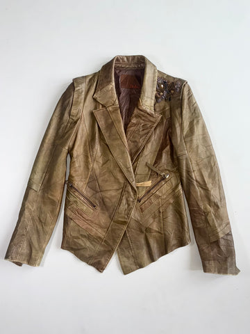Vintage Doho Metallic Gold Leather Blazer Jacket with Beaded Embellishment(Xs)