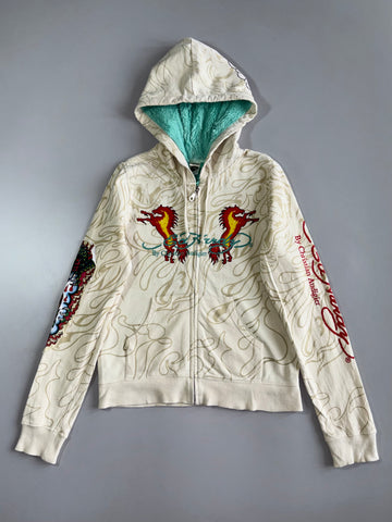 Ed Hardy by Christian Audigier Full-Zip Hoodie Cream Faux Fur Lined Hood Dragon & Tattoo Graphic (S)