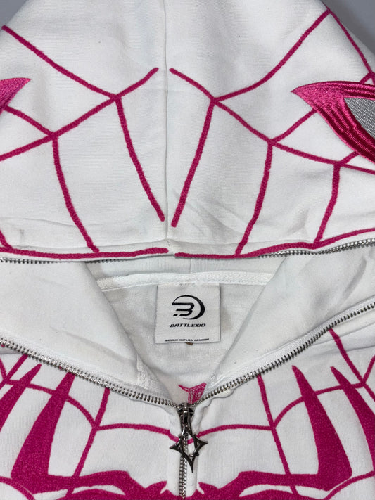 Battlekid Spider-Web Embroidered Full-Zip Hoodie – White/Pink (2XL)