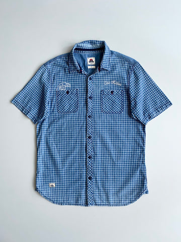 Edo Katsu Indigo Blue Check Embroidered Wave Short Sleeve Shirt – (M)