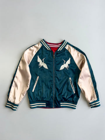 Japanese Souvenir Sukajan Crane Bonsai Embroidered Reversible Satin Bomber Jacket Teal (S)