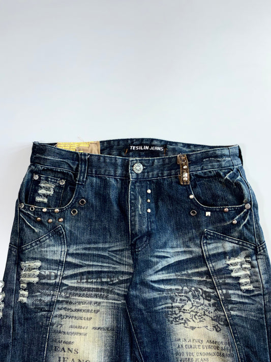 Tesilin Jeans | Heavy Studded Distressed Baggy Jeans (W:34 |L:39)