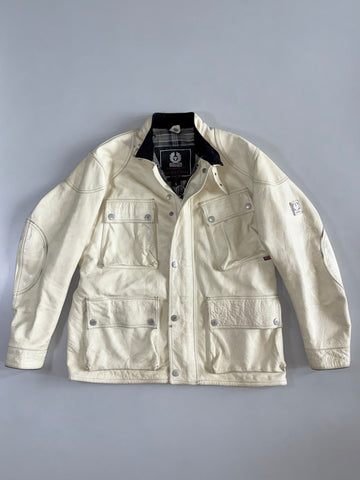 Vintage Belstaff Cream Genuine Leather 4-Pocket Motorcycle Field Jacket (L)