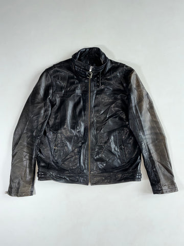 Vintage Black Leather Café Racer Jacket with Buckle Strap Collar & Side Waist Adjusters (L)