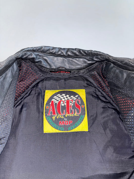 Aces of the Track by MQP | Vintage Race Colorblock | Leather Moto Jacket (Paded)(L/XL)